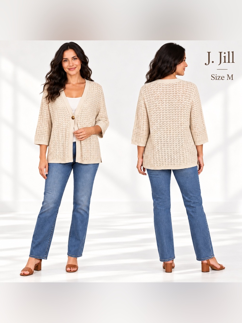 J. Jill Cream Open Knit V-Neck Cardigan Sweater Size M minimalist